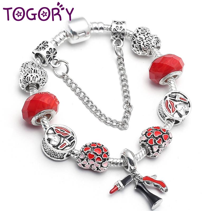 

TOGORY Silver Color Elegant Shiny Debut Pendant Bracelets With Glass Beads Charm Bracelets For Women Valentine's Day Jewelry