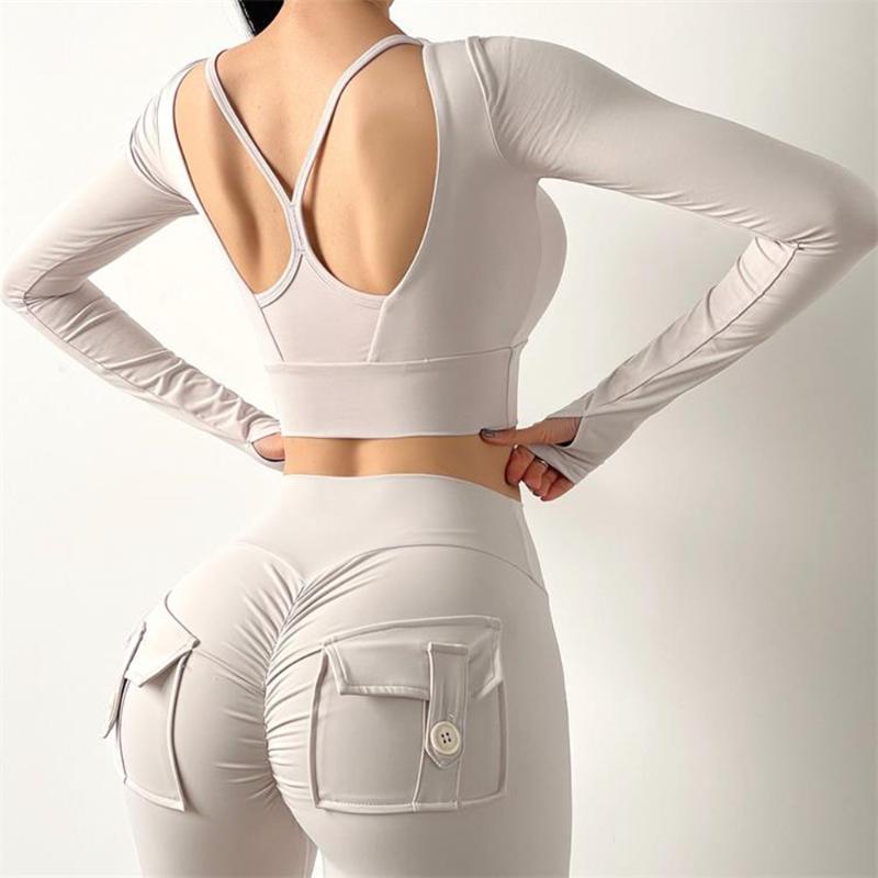 

Sexy Beauty Back Tight Sports Tops Gym Fake Two Yoga T Shirts Women Long Sleeve Workout Fitness Crop Tops Padded Sportswear, Black