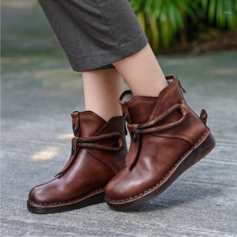 

VALLU 2020 Original handmade leather women's short boots cowhide boots leather stitching art shoes soft bottom warm winter1, Brown leather