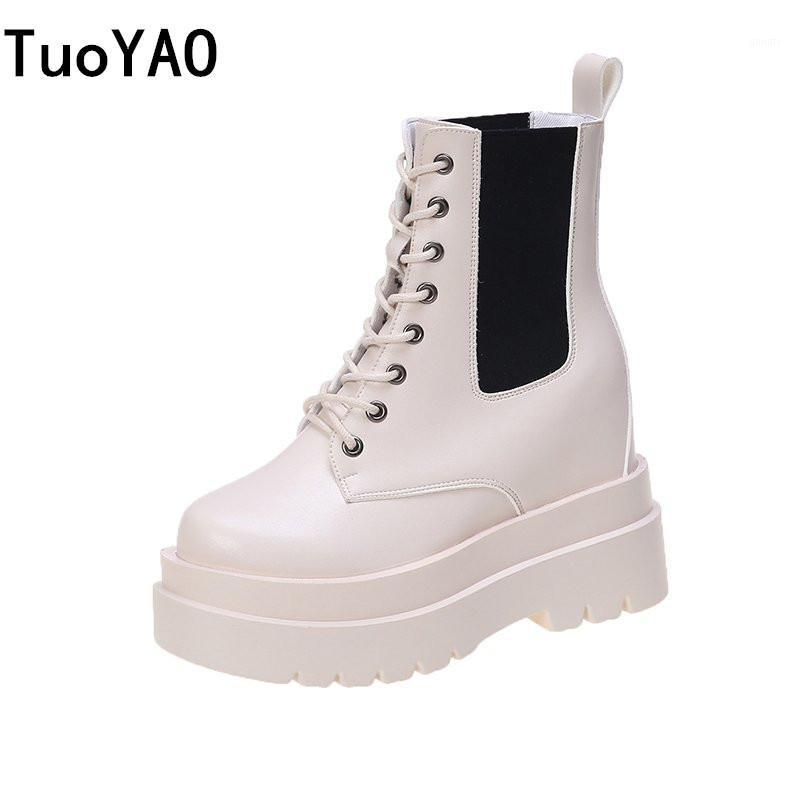 

New Women's Boots 2020 Autumn Fashion Thick Bottom Breathable Short Boots 10cm Heels Round Toe Lace Up Winter Causal Ankle1, Black