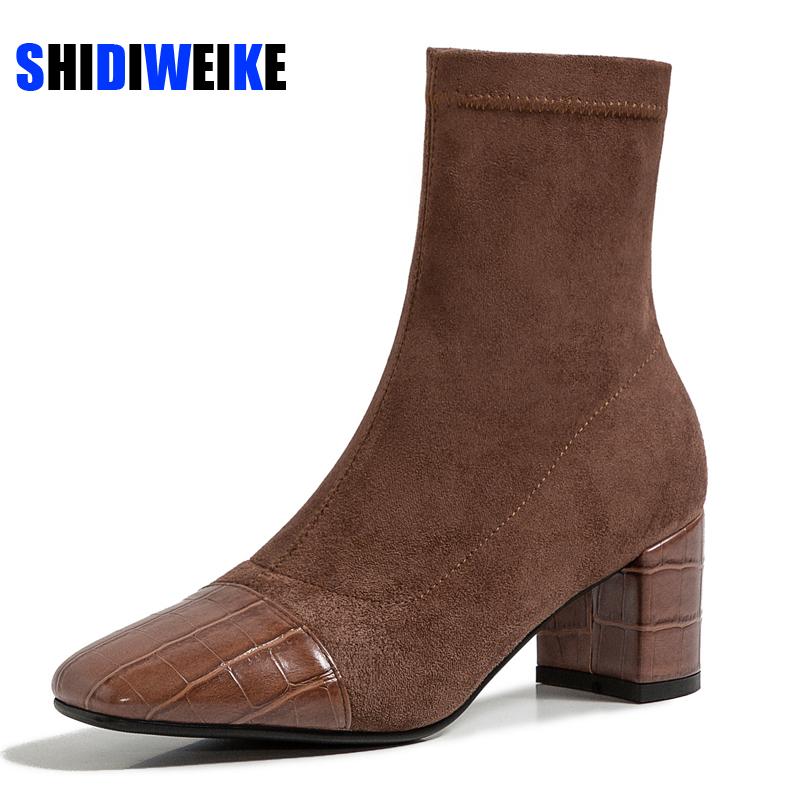 

Comfort Stretch Women Sock Boots Square High Heel Ankle Boots Fashion Square Toe Autumn Winter Stretch Shoes Black Big Size 2020, Coffee
