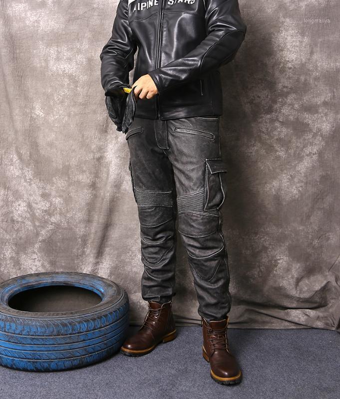 

New Arrival Men's Motorcycle Genuine Leather Stylish Riding Jeans Biker Slim casual pants Urban Cargo Style Multi-Pocket1