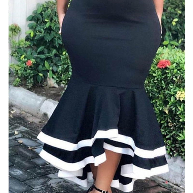 

Women Bodycon Mermaid Skirt High Waist Slim Ruffles Black White Patchwork Package Hip Jupes Falads Elegant Femme Drop Shipping Y200326