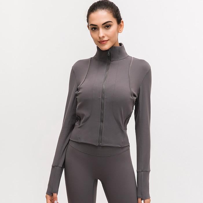 

ROULU Spring Autumn Gym Sport Women Jackets Fitness Running Training Long Sleeve Collar Zipper Crop Top Workout Short Sportswear, Black