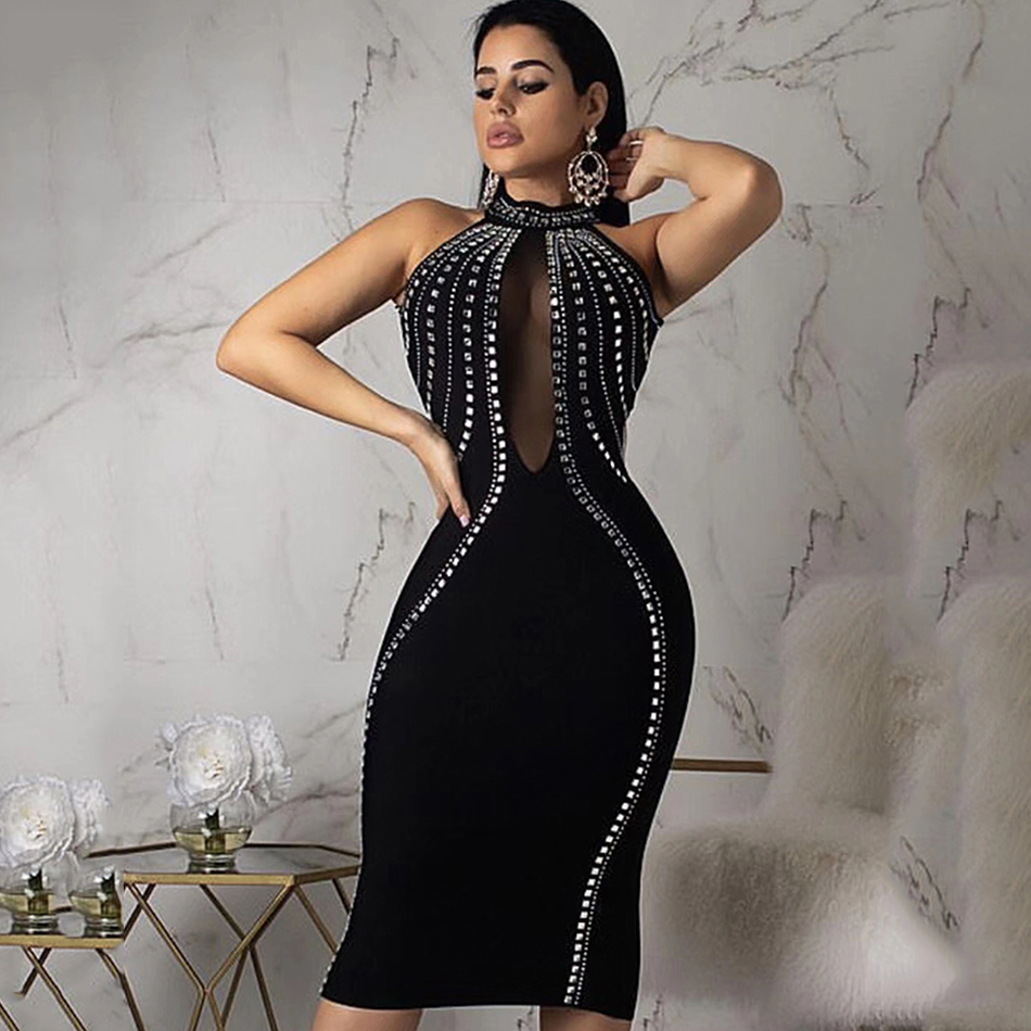 

of High Quality the Sexy Women Transparent Black Mesh No Sleeves Frizzy Back Curled Knee Bandage Dressed Party Dress C67c, Apricot