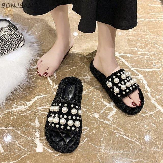

2020 Winter New Women's Slipper Fashion Big Pearl Fluffy Slippers Peep Toe Soft Bottom Candy Color Flat Comfortable Women Shoes1, Beige