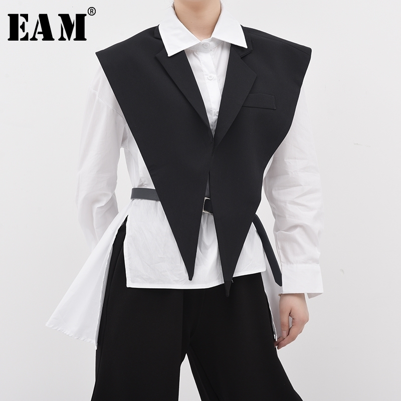 

[EAM] Women Loose Fit Black Brief Irregular Split Joint Big Size Vest New Lapel Sleeveless Fashion Spring Summer 1U52701 201110
