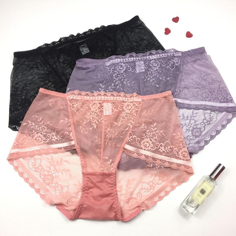 

New Comfortable Mid-Waist Lace Large Size Underwear Breathable Sexy Lace High-Stretch Female Briefs, Black