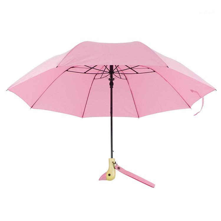 

Duck head with wooden handle umbrella Personality black plastic yang cover duck head umbrella 2 fold sunscreen1, Pink glueless