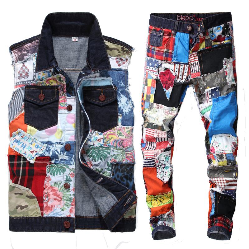 

2020 New Men's Hip Hop Patch Casual Denim Two Piece Set Washed All-match Cowboy Vest + Straight Slim Jeans Colorful Jeans Sets, Gray
