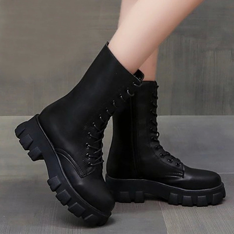 

Mid Calf Boots Women Autumn Winter 2020 New Fashion Lace-up Zipper Botas Mujer Boots Sports Platform Heel Ladies Shoes #C521, Black