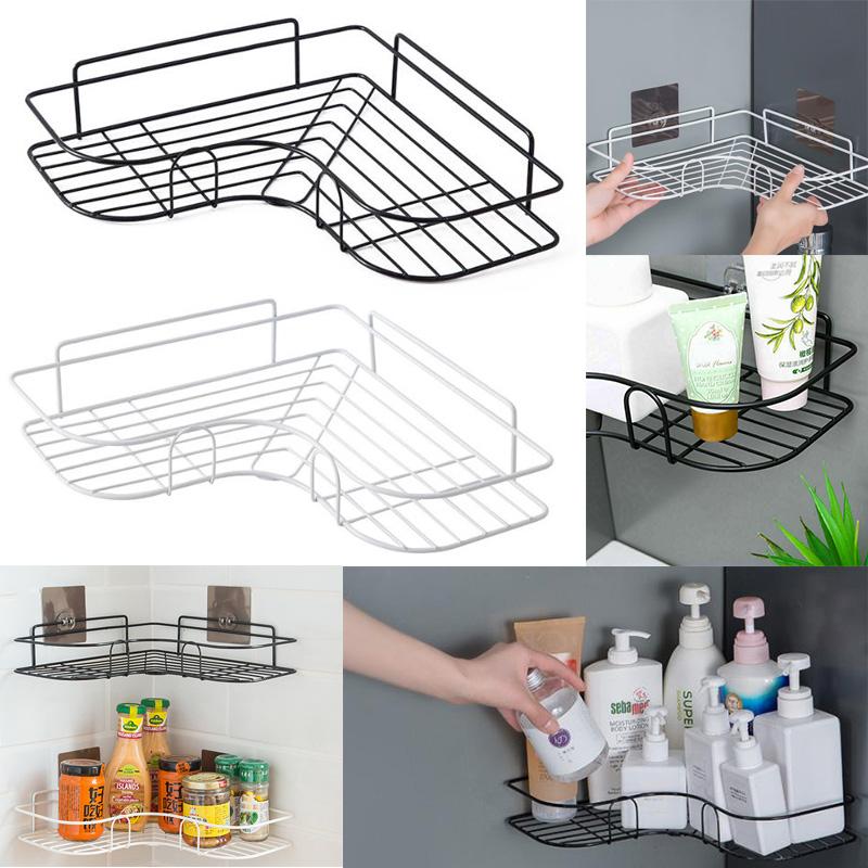 

2 Pcs Holder Shelf Bathroom Kitchen Tripod Corner Wall-Mounted Non-Perforated Storage Tray Black White Home Essential