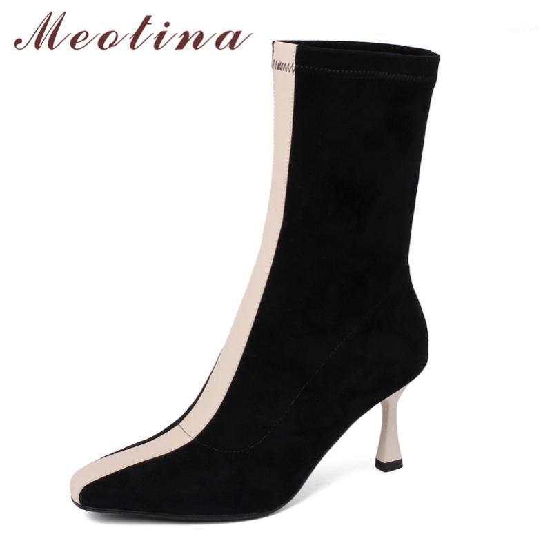 

Meotina Mid-Calf Boots Women Shoes Genuine Leather High Heel Boots Square Toe Stiletto Heels Ladies Autumn Black Beige 391