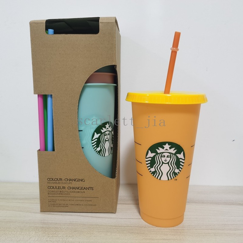 

24OZ Cold Color Change Tumblers Plastic Drinking Juice Cup With Lip And Straw Magic Coffee Mug Costom Starbucks Color Changing Plastic Cup, Minimum 5 pieces
