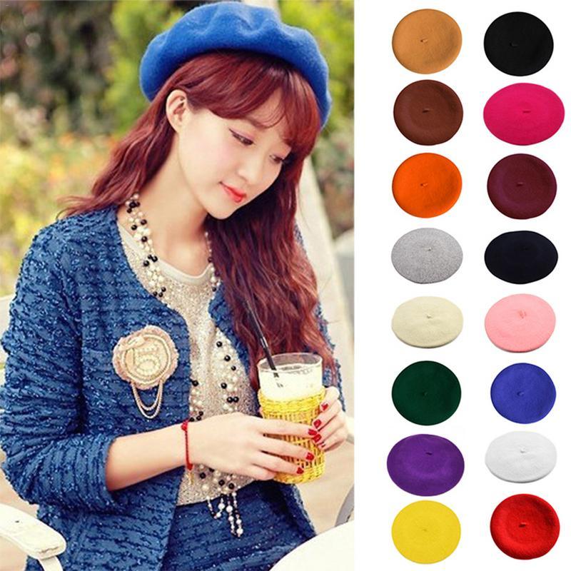 

Hot Sell 2020 Cheap Fashion New Women Wool Solid Color Beret Female Bonnet Caps Winter All Matched Warm Walking Hat Cap 16 Color, Purple