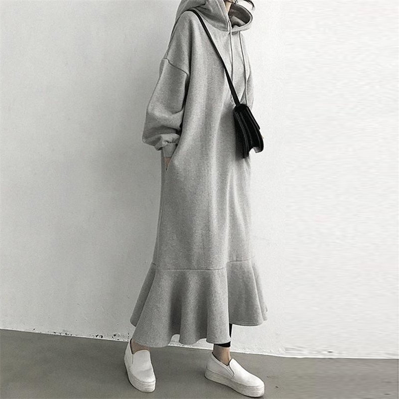 

Simple Stylish Hoodie Dress Women Korean Vestido Fleece Warm Sweatshirts Long Sleeve Chic Ruffle Hooded Loose Midi Dresses LJ201209, Gray