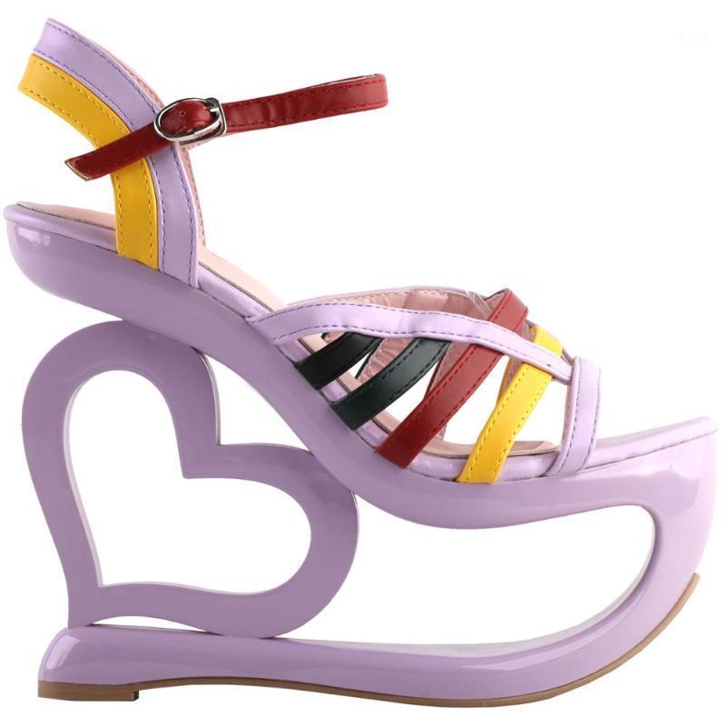 

LF40223 SHOW STORY Retro Multicoloured Strappy Heart Heel Wedge Evening Platform Sandals1, Purple