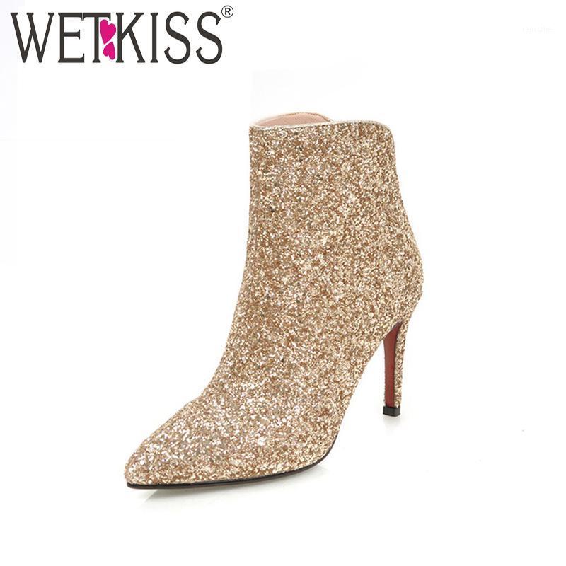 

WETKISS 2020 Bling Sequined boots Female Footwear Big Size Woman High Heels Ankle Boots Pointed toe Zipper Fashion Gold1, Red