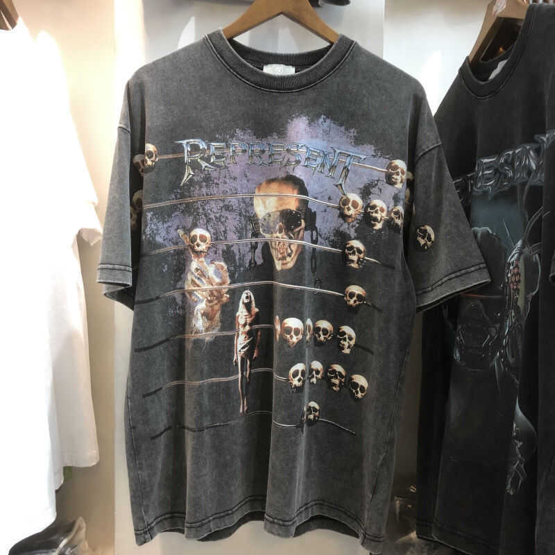 

Trendy brand representative summer new skeleton bone print washed old loose men's Short Sleeve T-Shirt, Dark gray
