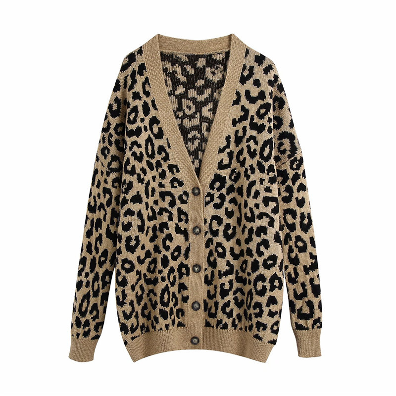 

2021 New Streetwear Women V-neck Leopard Sweaters Fashion Ladies Button Knitted Coat Vintage Female Chic Loose Cardigans Do6k, Brown