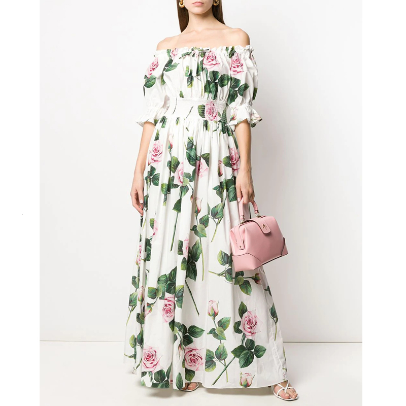

2021 New Merchall Summer Fashion Runway Maxi Women's Off Shoulder Short Sleeve Rose Flower Print Holiday Long Pddb, White