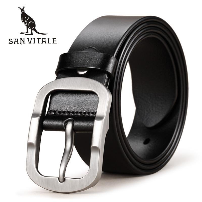 

SAN VITALE Cowhide Genuine Leather Mens Belts for Men Brand Strap Male Pin Buckle Fancy Vintage Cowboy Jeans Cintos Freeshipping, Black