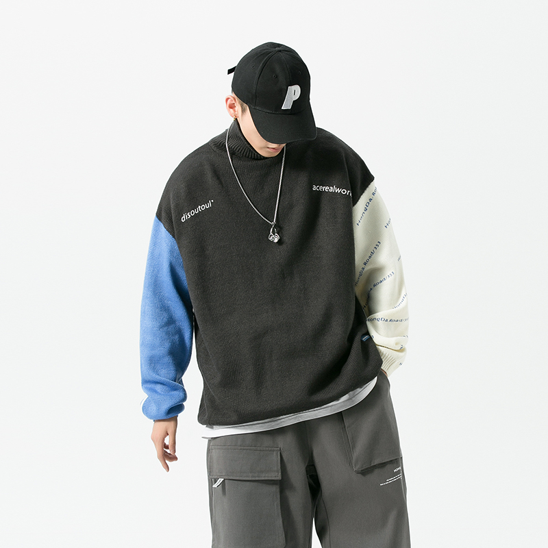 

2020 Autumn Winter Men Sweaters Pullover Casual Male Knitted color block Sweater loose fit Print Mens Fashion New Clothes, Gray