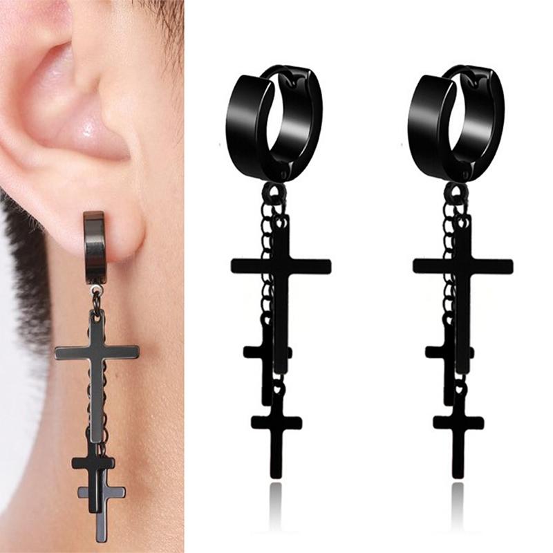 

Stud Punk Earrings Cross Pendant Dangle Long Drop Chain Tassel Titanium Steel Women Men Jewelry Charms