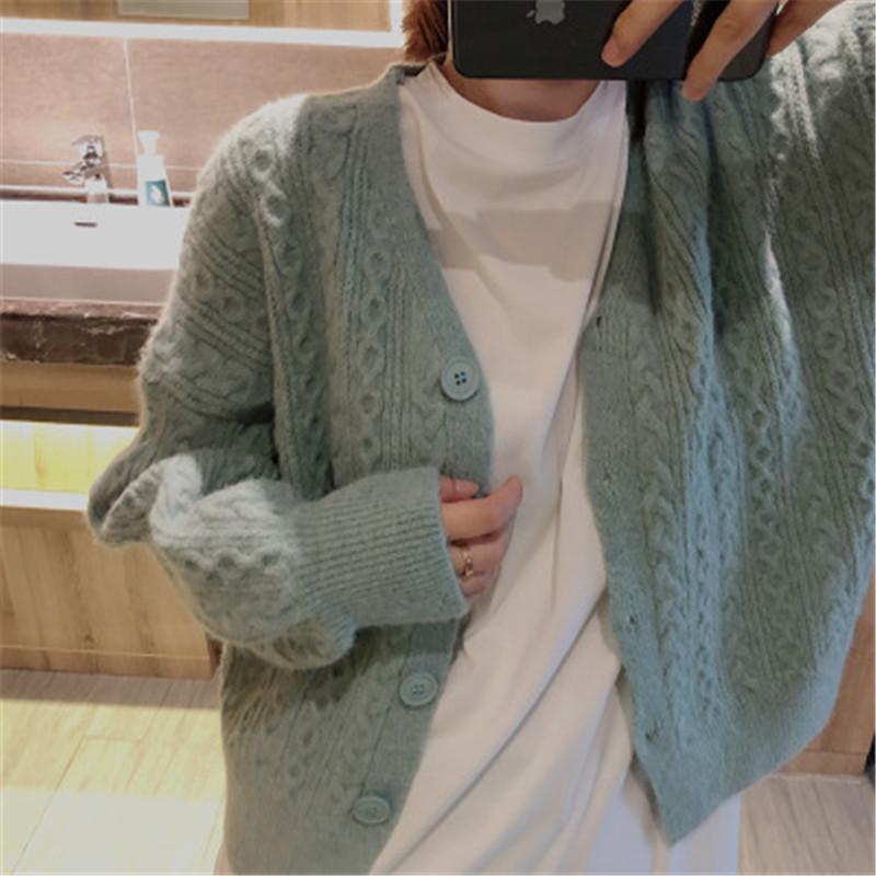 

Women's Knits & Tees Korean Twist Cable Sweater Coat Flowers Knitted Cardigan Pink Blue White Loose Spring 2022 Femme Style PZ2295