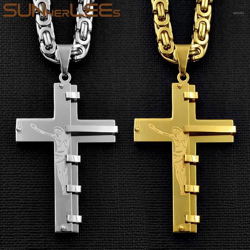 

SUNNERLEES 316L Stainless Steel Jesus Christ Cross Pendant Necklace Byzantine Link Chain Silver Gold Men Boys Gift SP2461