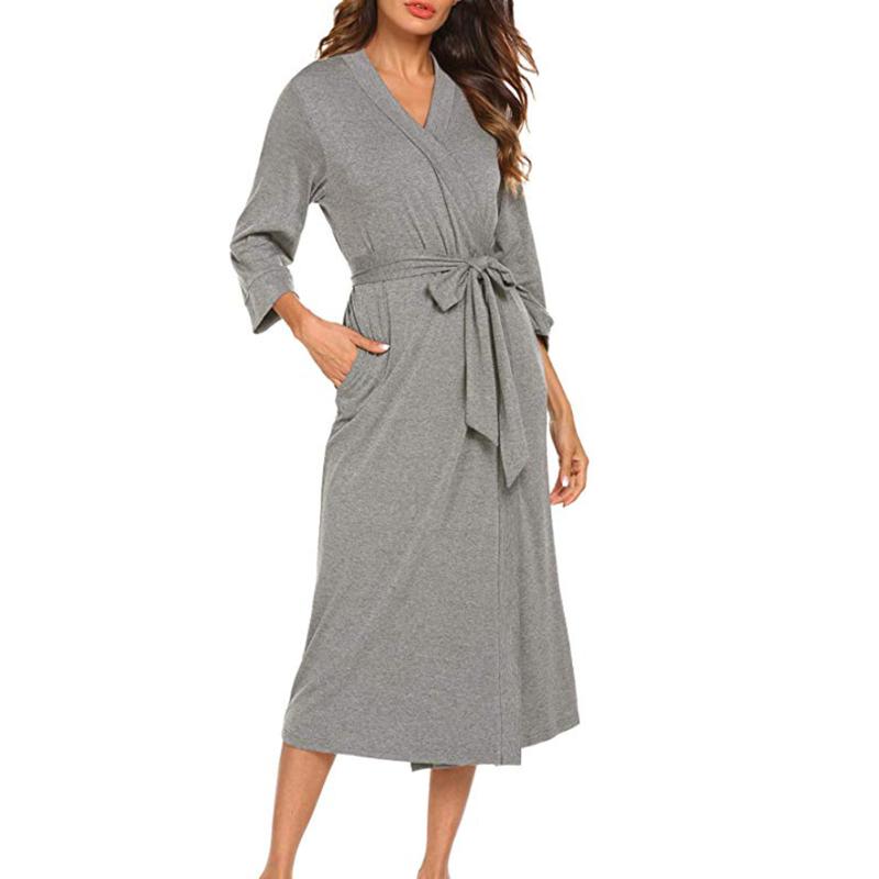 

Elegant Everyday With Belt Loose Cotton Blend Solid Women Night Gown V Neck Home Soft 3/4 Sleeves Casual Midi Sexy, Black