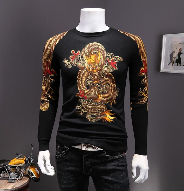 

2021 New Surope Style Yellow Dragon Pattern Printing Sweater Knitted Clothes Vlnl, As shown