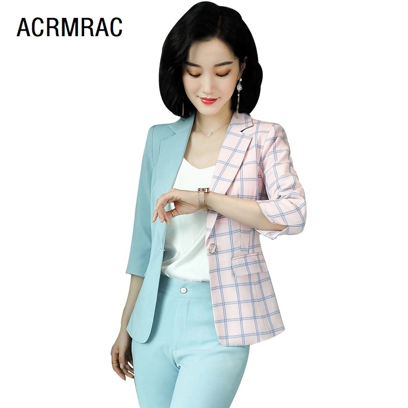 

women suits summer Half sleeve Hit color blazers pants Office Lady Formal Work clothes women pants suits woman set suits 6120 201009, Blue jacket pant