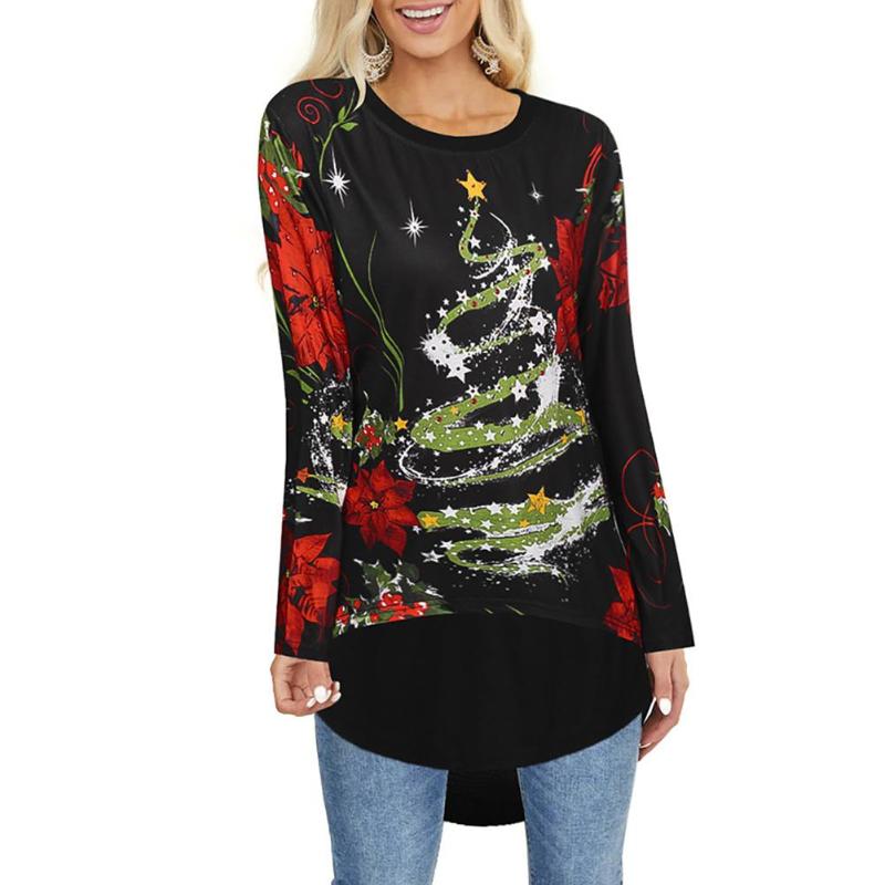 

Womens shirt Christmas Long Sleeve Back Buttons Floral rregular Hem Blouse Pullover Women Christmas Floral Hem Blouse Pullover, Black