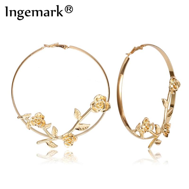 

punk iron metal rose flower big hoop earrings for women boho vintage geometric circle round earrings 2020 fashion ear jewelry, Golden;silver