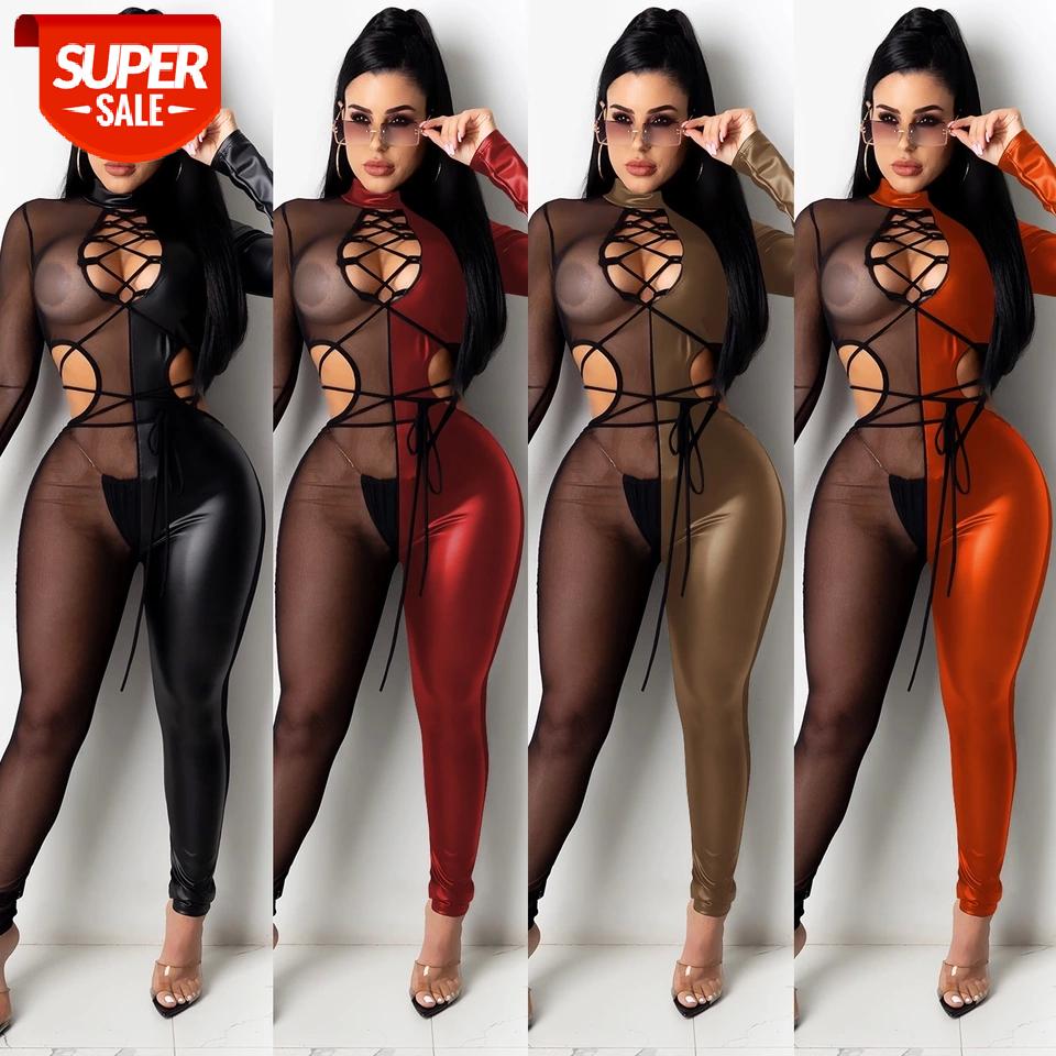 

Sexy Sheer Mesh PU Patchwork Long Sleeve Jumpsuit Women Bandage Lace Up Cut Out See Through Party Club Romper Outfit Overalls #rD09, Black;white