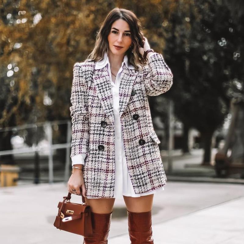 

Ardm Elegant Tweed Frayed Trim Coat Women Vintage Double Breasted Female Outerwear Office Ladies Plaid Winter Jacket Chic Tops, As picture