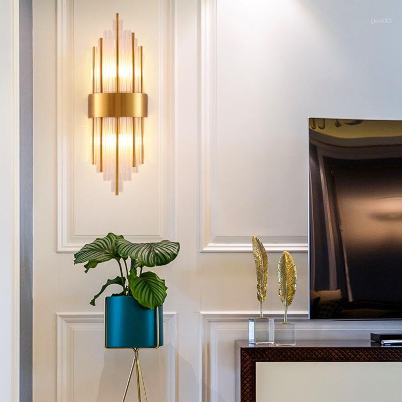 

American European post modern golden metal crystal glass tube wall light lamp LED for villa hotel foyer living room wall sconce1