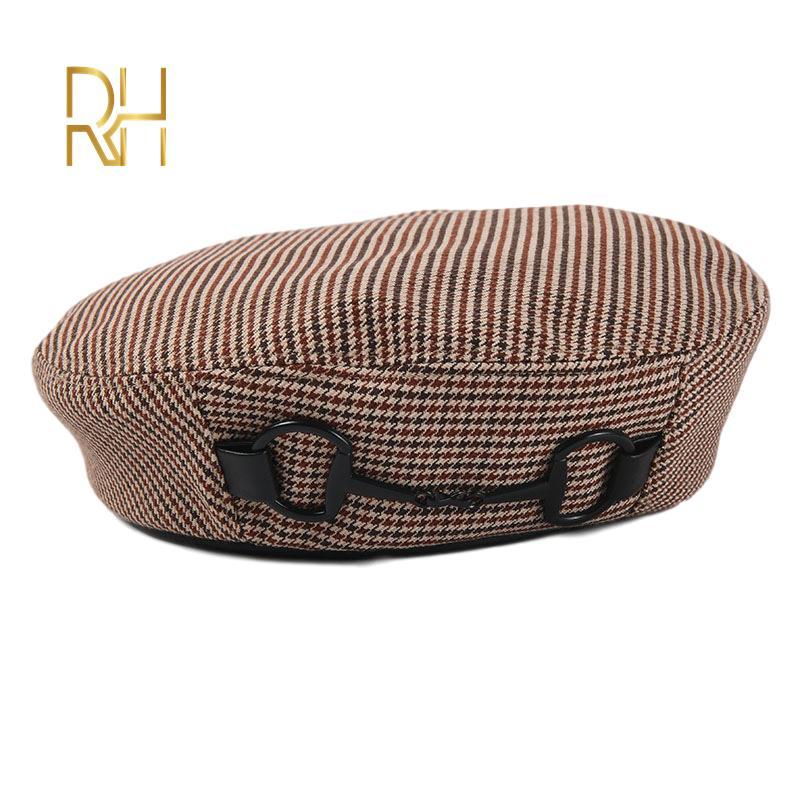 

Women Classical Plaid Print Beret Hat Spring Summer Vintage Girls Adjustable Octagonal Cap Korea Fashion Street Painter Cap RH, Black