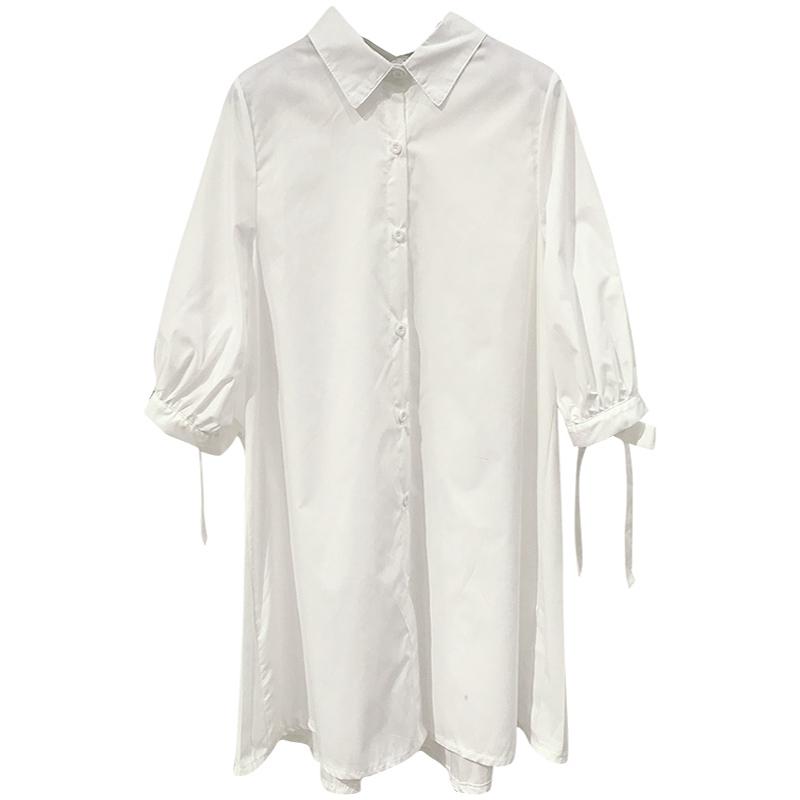 

PERHAPS U White Shirt Dress Turn Down Collar Lantern Sleeve Lace Up Pleat Back Mini Short Dress Loose Button Summer D0438, As pic