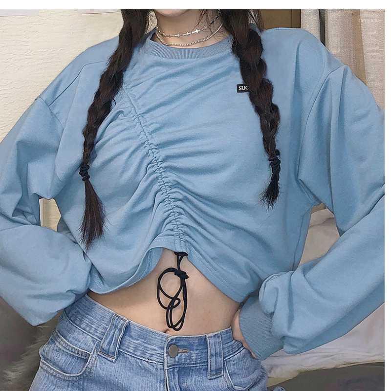 

Women' oblique stretch drawstring Yu running sweater letter embroidery loose fitness running round neck long sleeve lady1, Blue