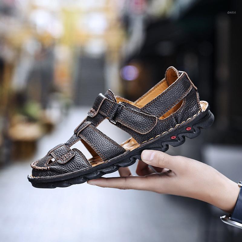 

Genuine Leather Sandals Mens Summer Beach Shoes 2020 New Rubber Sole Male Fashion Sheos Toe Closed Sandals Flat1, Black