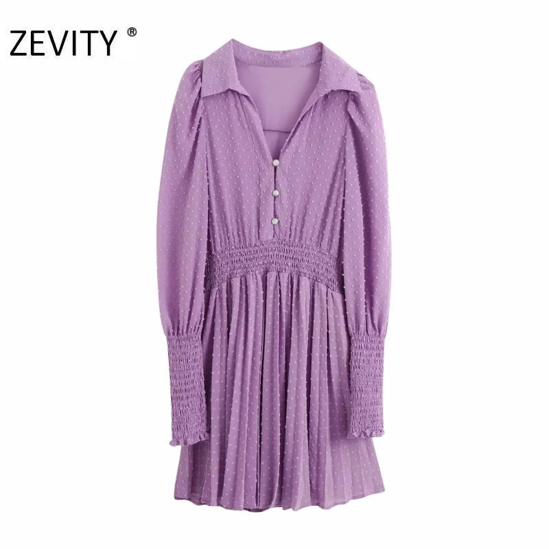 

ZEVITY New Women elegant turn down collar dots stitching pleated mini Dress lady puff sleeve elastic Vestido Chic Dresses DS4399, As pic ds4399bb