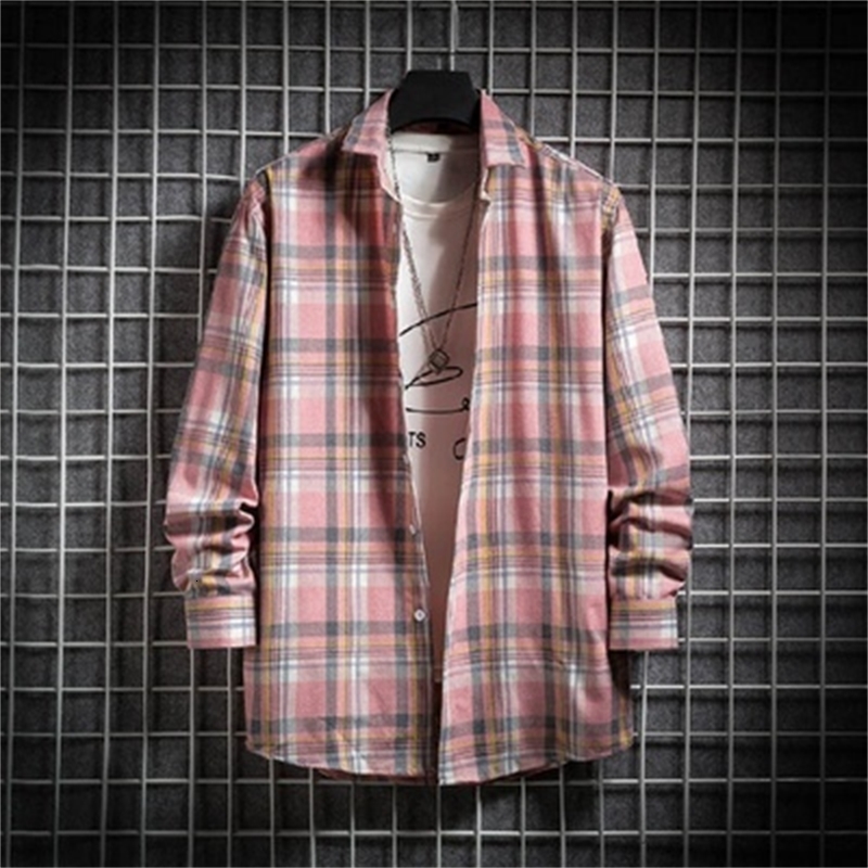 

Long Sleeve 2021 Spring and Autumn New Plaid Shirt Brushed Size Large M-5xl Male Youth L113, Pink