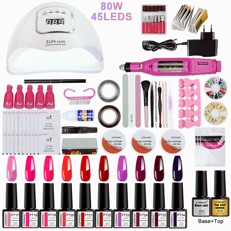

44Pcs Gel Nail Set 80W 45LEDs UV Nail Lamp for Manicure Dryer Electric Drill Art Tools Kit Extension Gel Set