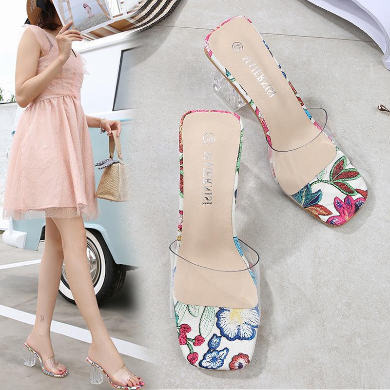 

Women Casual Shoes 8cm Square High Heel Slippers Open Toe Brand Sandals Large Size Ladies Fashion New Ladies Slippers, Apricot flower