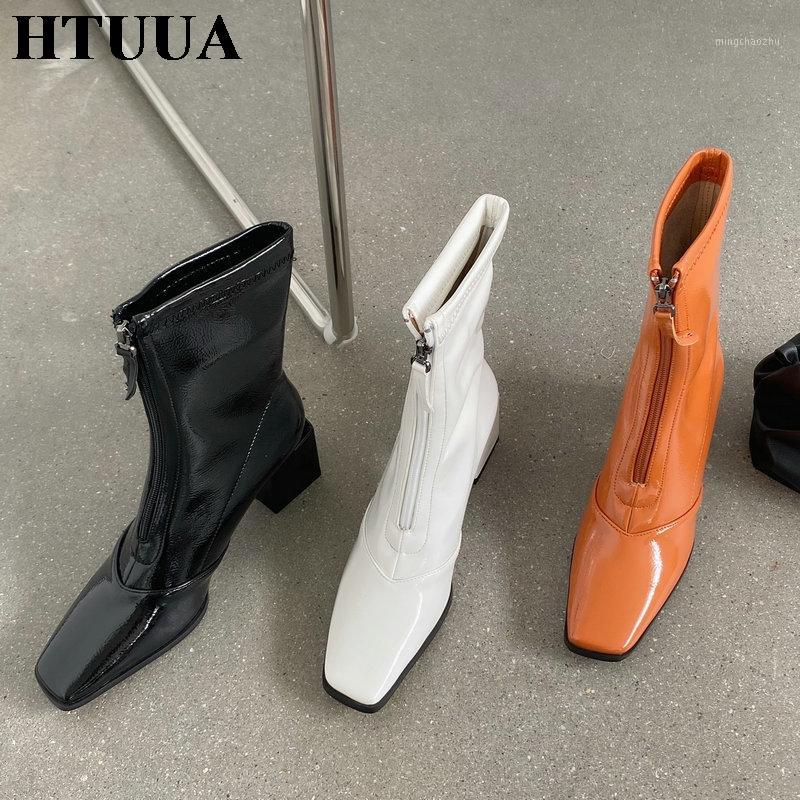 

Fashion Front Zipper Patent Leather Boots Women Autumn Winter Square toe Thick Heel Short Ankle Boots Dress Shoes Woman SX43081, Black