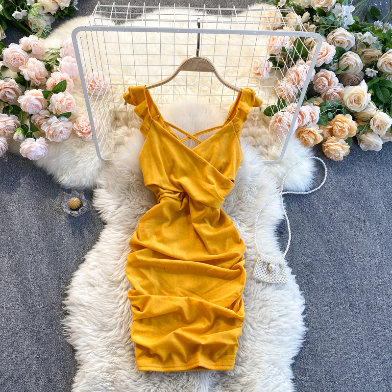 

2021 New Sexy female singiny deep fashion without solid back brace short dresses summer ruched pencil WPZC, Yellow.