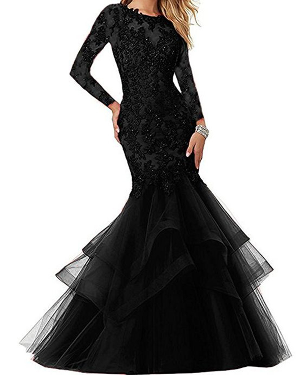 

Elegant Scoop Neck Long Sheer Sleeves Horsehair Edging Tiered Mermaid Hemline Black Formal Prom Evening Dress Applique and Beading, Burgundy