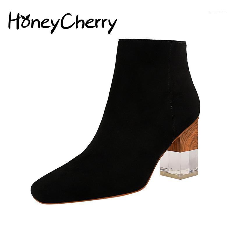 

Boots Women 2020 Fashion Color Matching Transparent Crystal With Thick Heel High Heel Suede Square Head Sexy Nightclub Boots1, Black